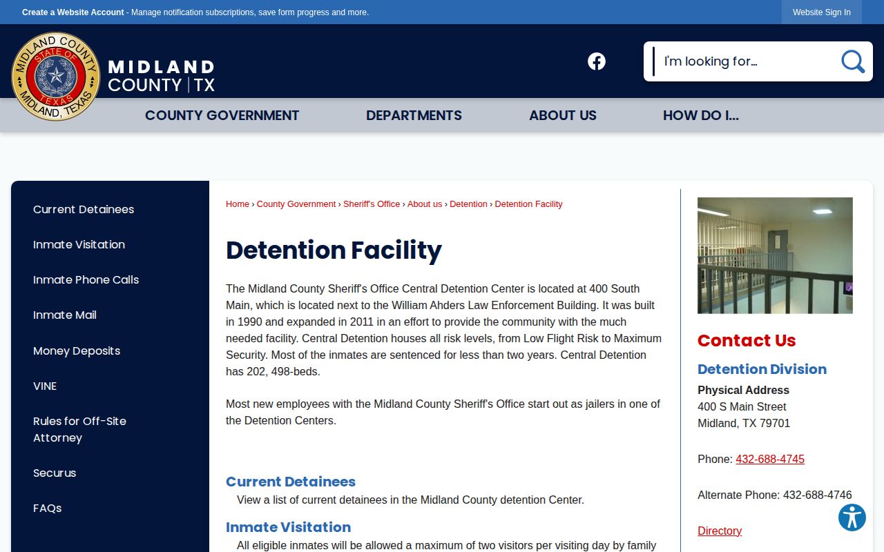 Midland County Central Detention Center release records facility page